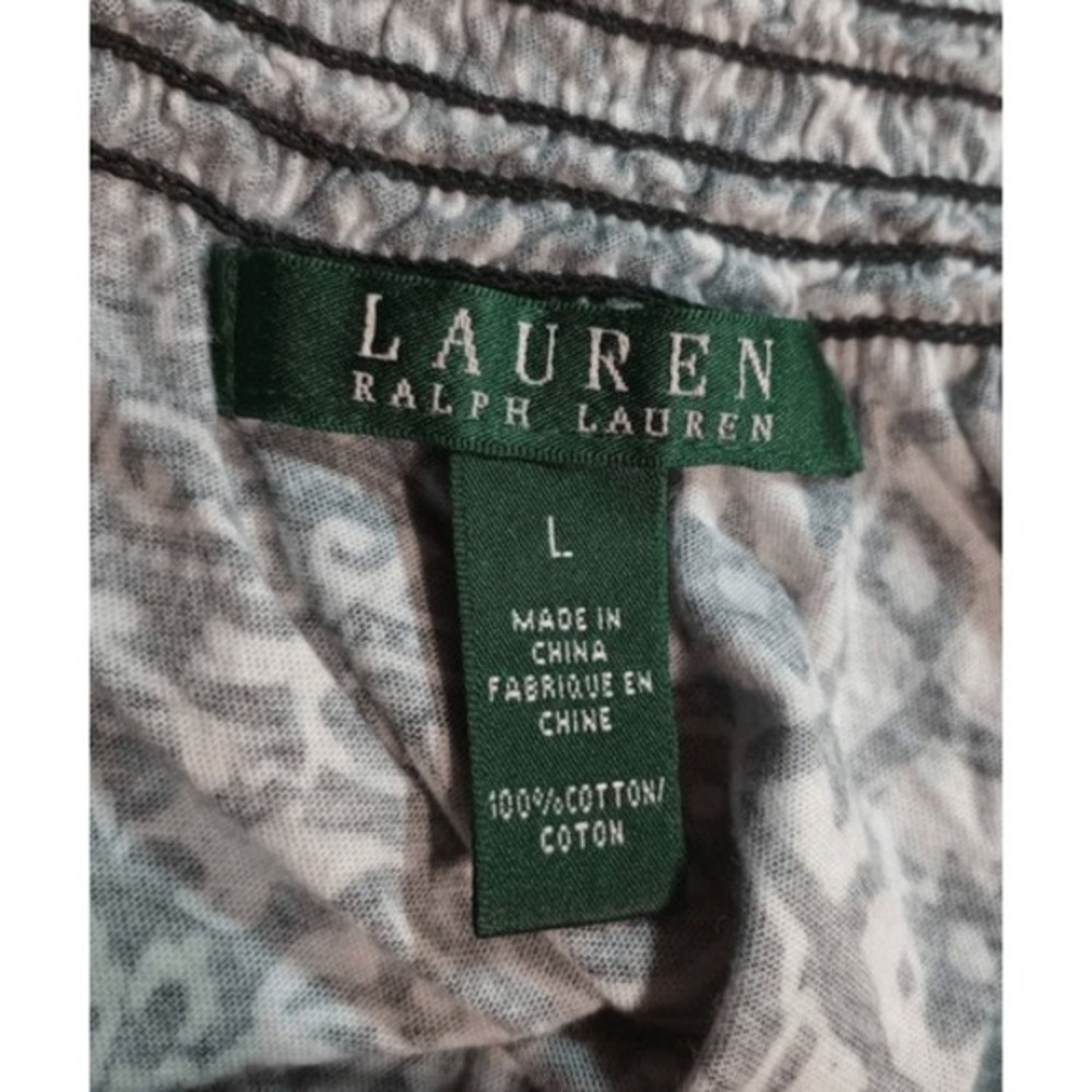 Lauren Ralph Lauren Black White‎ Paisley Smocked Peasant Blouse Top Large Cotton - Picture 6 of 7